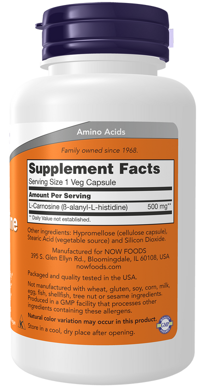 NOW Supplements, L-Carnosine 500 mg, Healthy Aging*, 100 Veg Caps