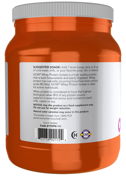 NOW Sports, Whey Protein Isolate 24 g With BCAAs, Unflavored Powder, 1.2 lb