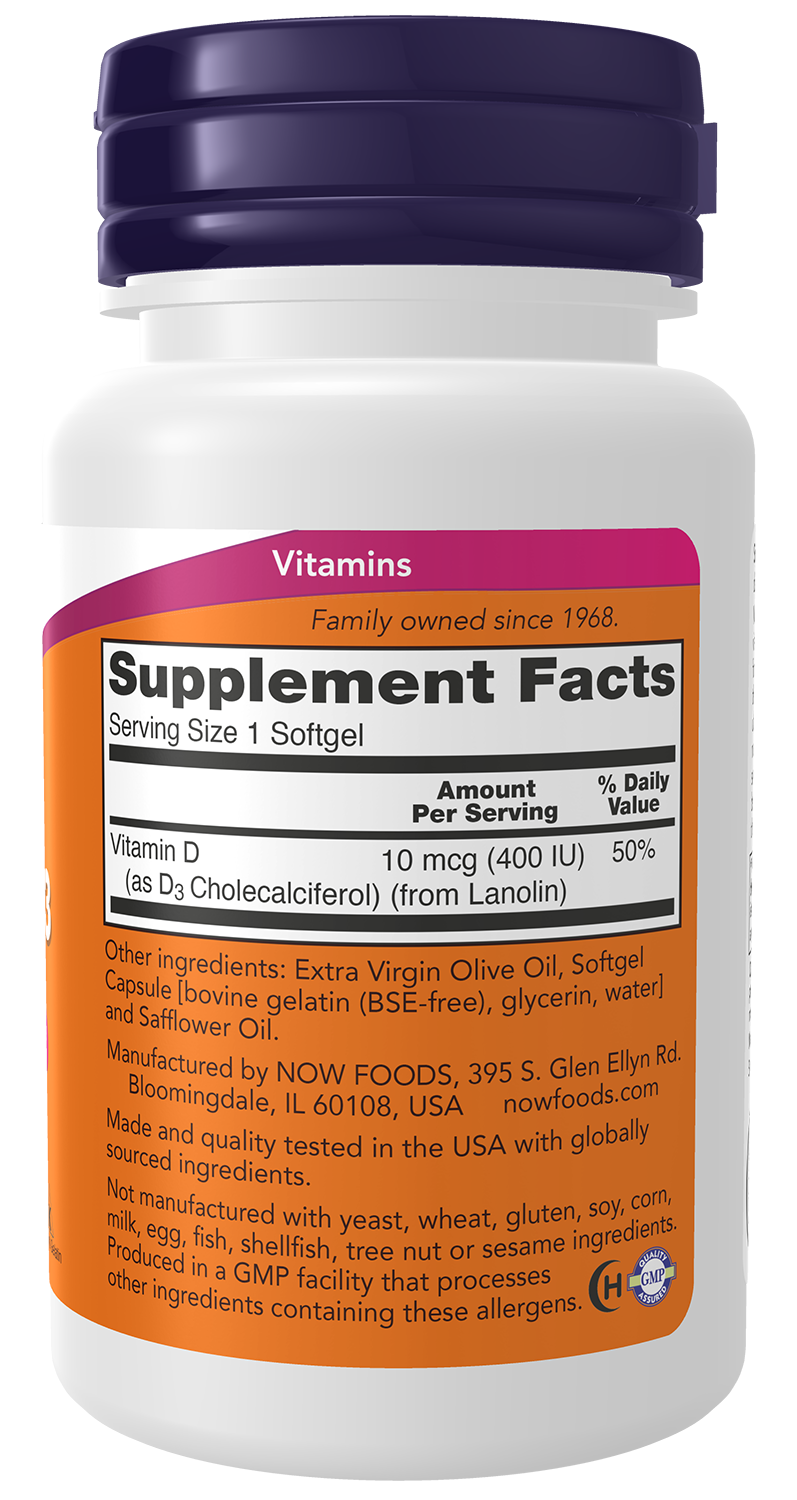 NOW Supplements, Vitamin D-3 400 IU, Strong Bones*, 180 Softgels
