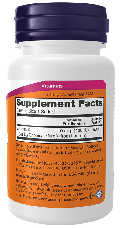 NOW Supplements, Vitamin D-3 400 IU, Strong Bones*, 180 Softgels