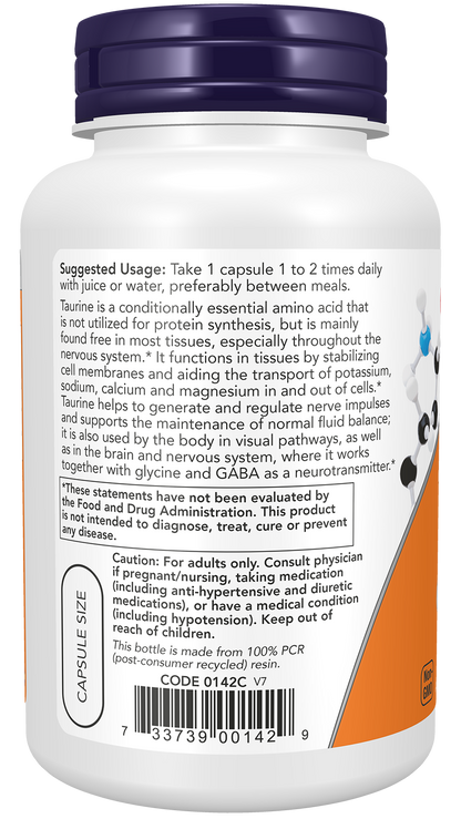 NOW Supplements, Taurine 1,000 mg, Double Strength, 100 Veg Caps