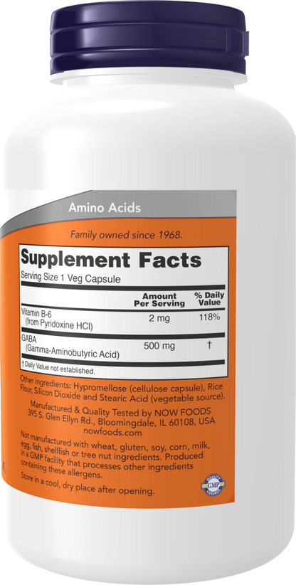 NOW Supplements, GABA 500 mg + B-6, Cognitive Support*, 200 Veg Caps