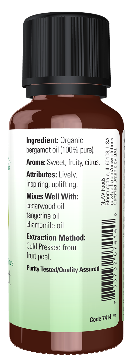 NOW Essential Oils, Organic Bergamot Oil, Cold Pressed, Undiluted, 1 fl. oz