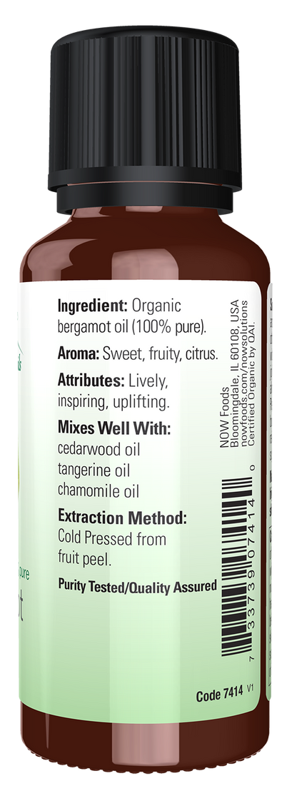 NOW Essential Oils, Organic Bergamot Oil, Cold Pressed, Undiluted, 1 fl. oz