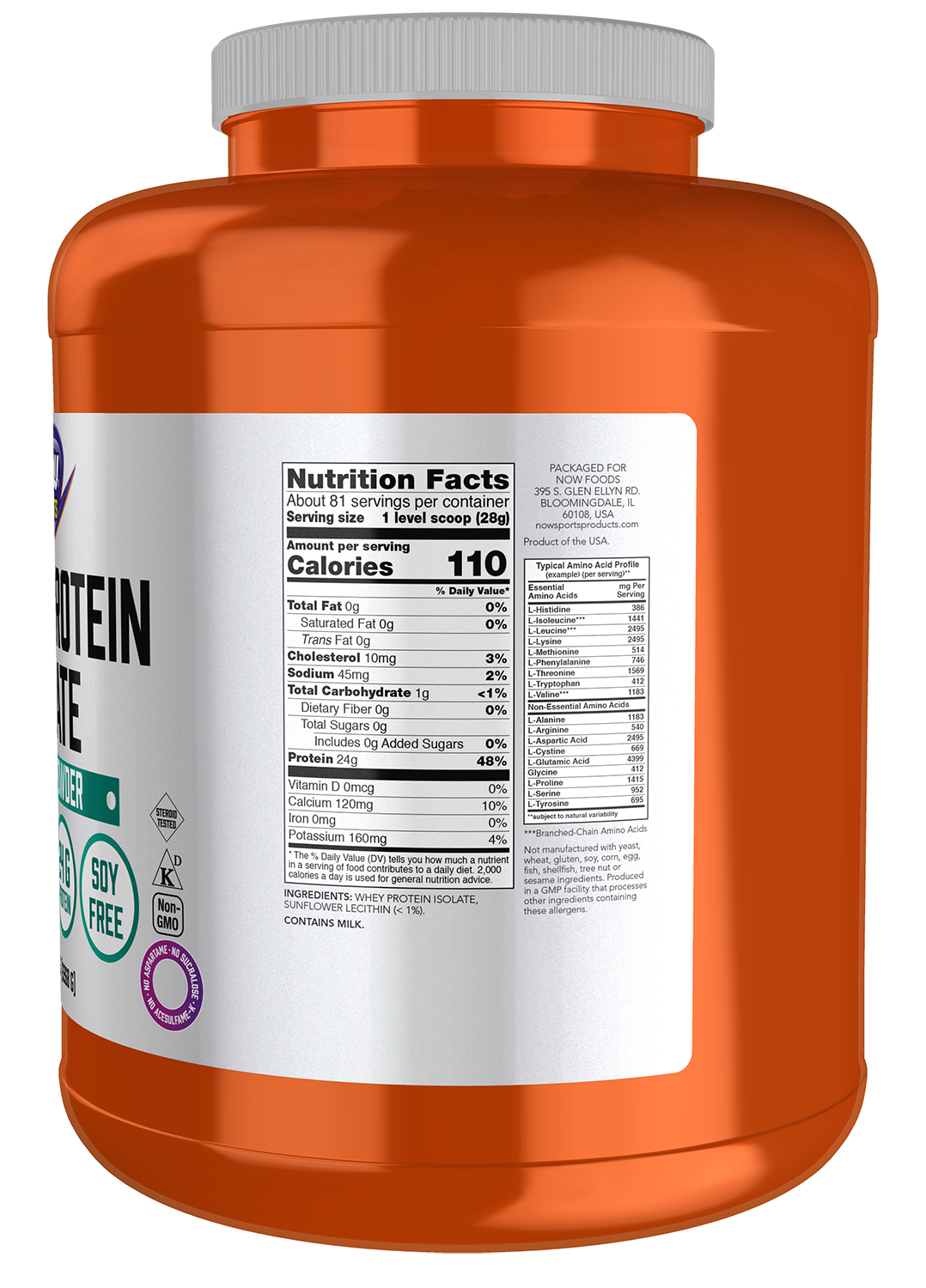 NOW Sports, Whey Protein Isolate 24 g With BCAAs, Unflavored Powder, 5 lbs