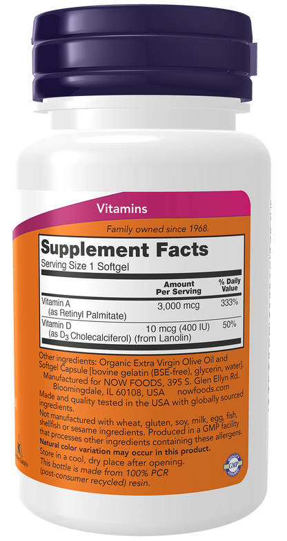 NOW Supplements, Vitamin A & D 10,000/400 IU, Eye Health*, 100 Softgels