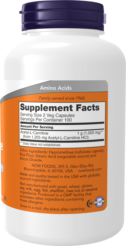 NOW Supplements, Acetyl-L Carnitine 500 mg, Brain Energy*, 200 Veg Caps