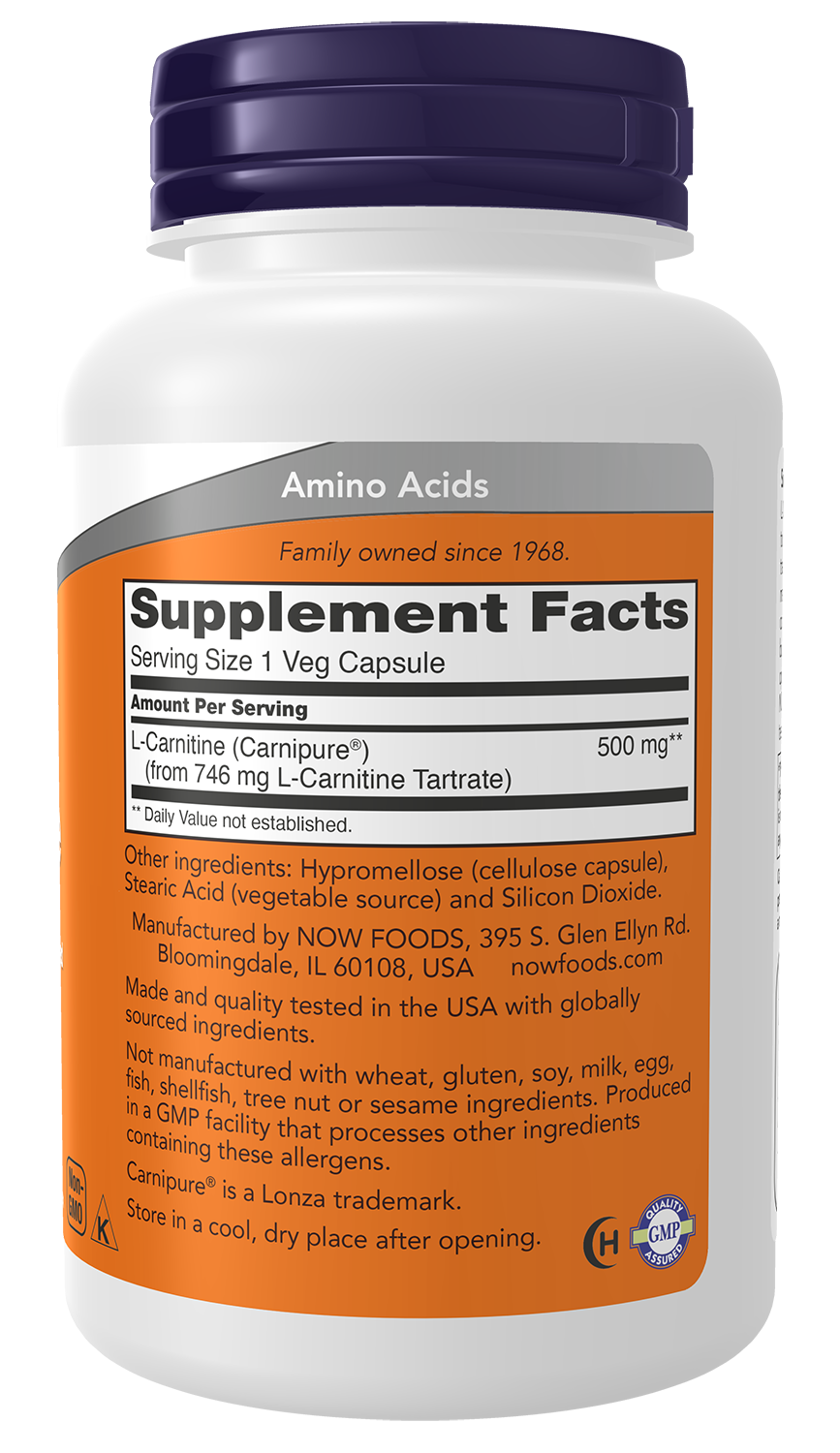 NOW Supplements, L-Carnitine 500mg, Purest Form, Amino Acid, 180 Veg Caps