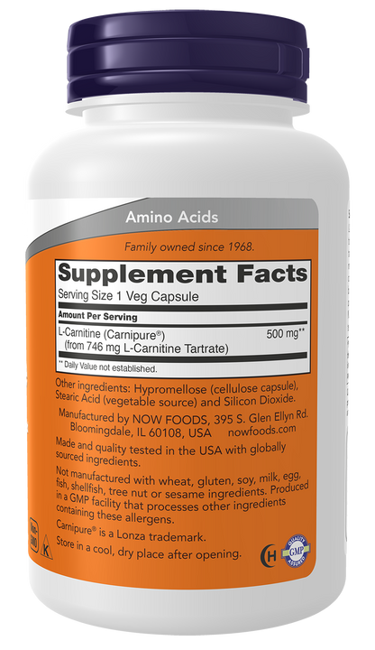 NOW Supplements, L-Carnitine 500mg, Purest Form, Amino Acid, 180 Veg Caps