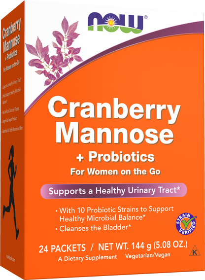 NOW Supplements, Cranberry Mannose + Probiotics with a blend of 10 Probiotic Bacterial Strains, 24/Box