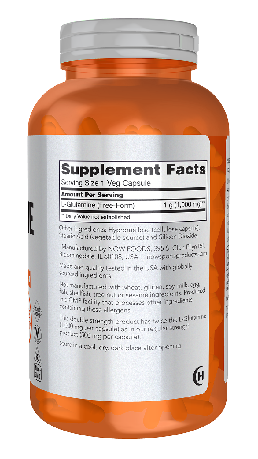 NOW Sports, L-Glutamine 1,000 mg, Double Strength, Amino Acid, 240 Veg Caps