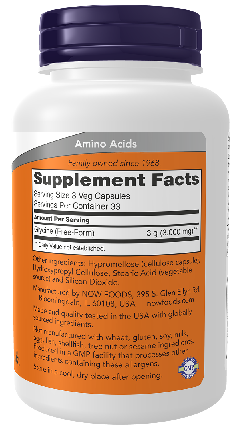 NOW Supplements, Glycine 1,000 mg, Free-Form, 100 Veg Caps