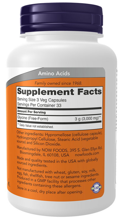 NOW Supplements, Glycine 1,000 mg, Free-Form, 100 Veg Caps