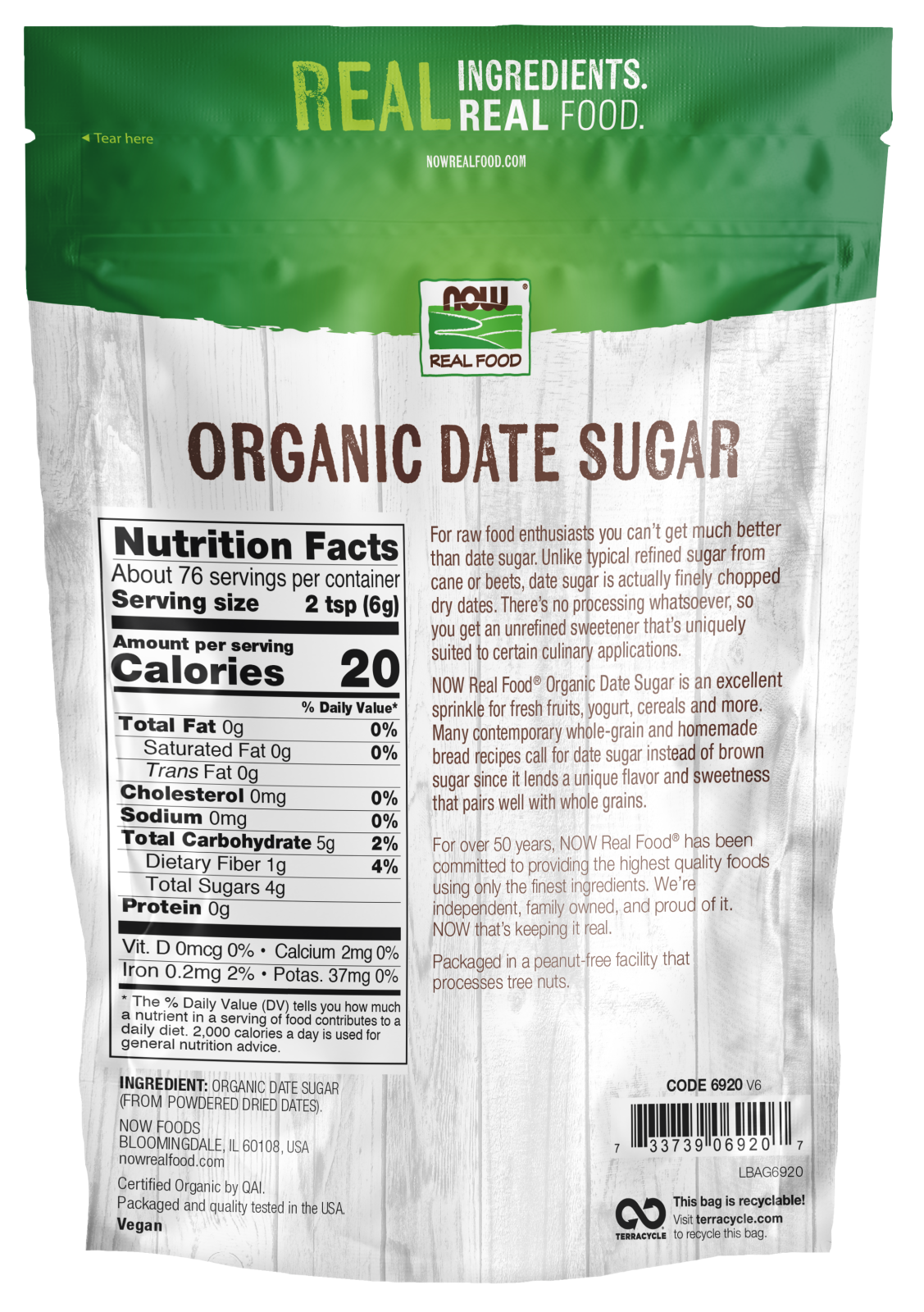 NOW Foods, Organic Date Sugar, Raw, Unprocessed, 1 lb