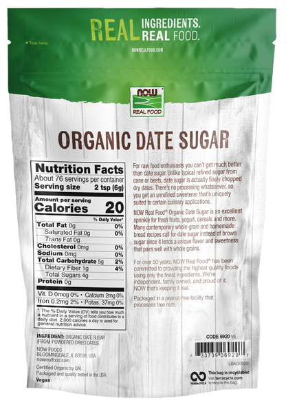 NOW Foods, Organic Date Sugar, Raw, Unprocessed, 1 lb