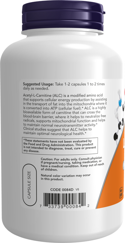 NOW Supplements, Acetyl-L Carnitine 500 mg, Brain Energy*, 200 Veg Caps