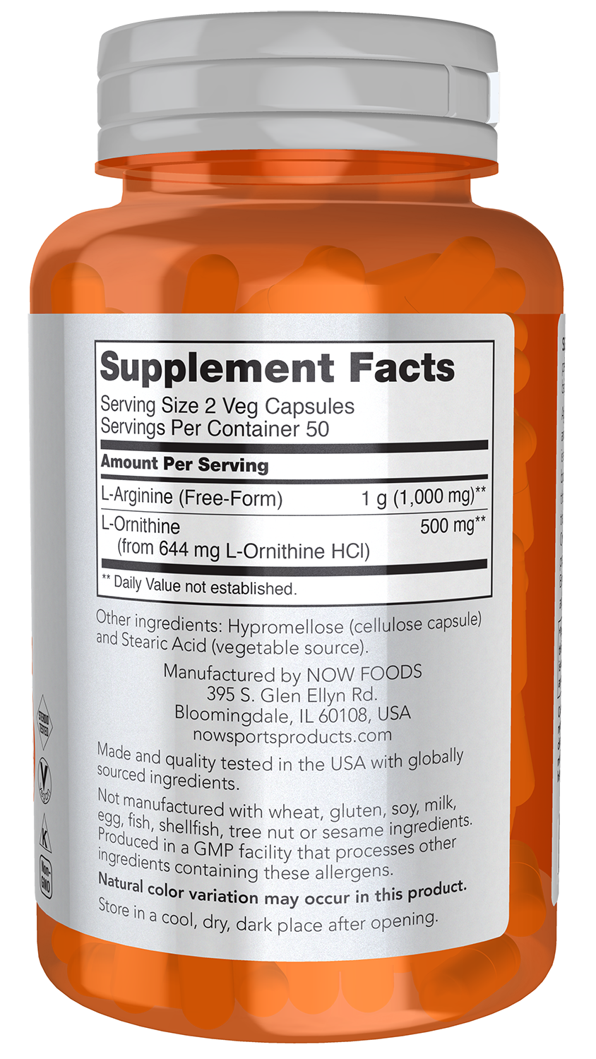 NOW Sports, Arginine & Ornithine 500/250 mg, Amino Acids, 100 Veg Caps