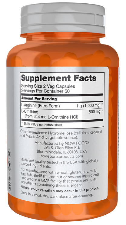 NOW Sports, Arginine & Ornithine 500/250 mg, Amino Acids, 100 Veg Caps