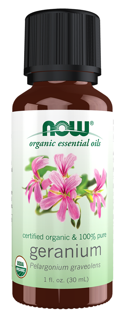 NOW Essential Oils, Organic Geranium Oil, Undiluted, Steam Distil, 1 fl. oz
