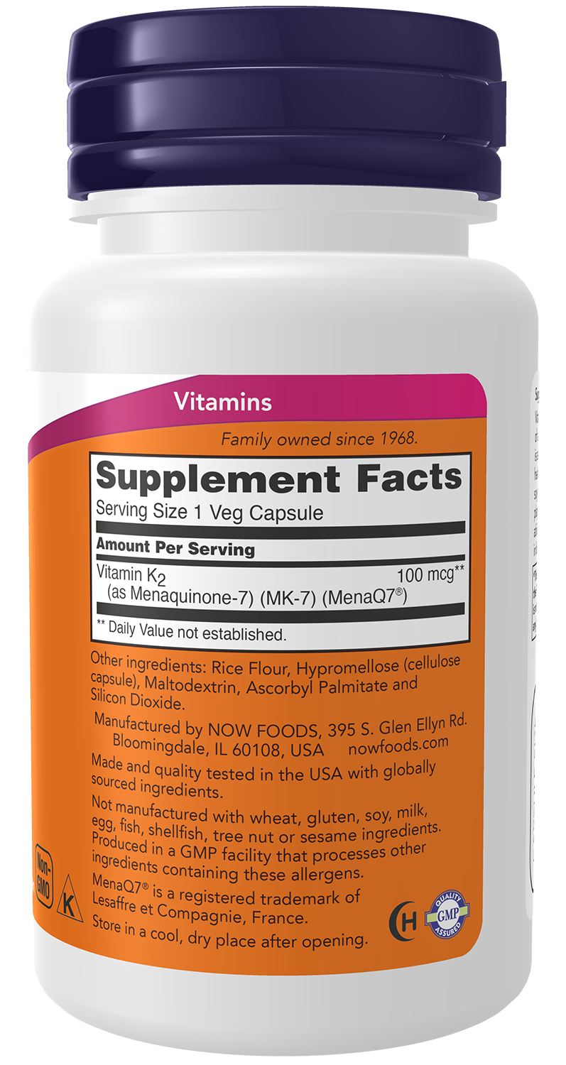 NOW Supplements, MK-7 Vitamin K-2 100 mcg, 60 Veg Caps