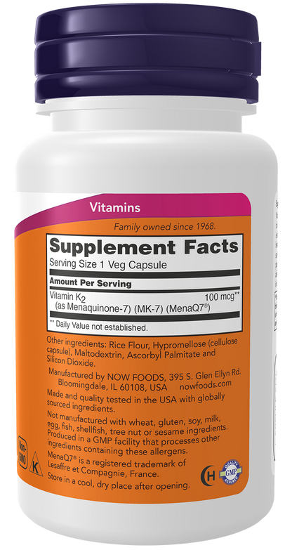 NOW Supplements, MK-7 Vitamin K-2 100 mcg, 60 Veg Caps