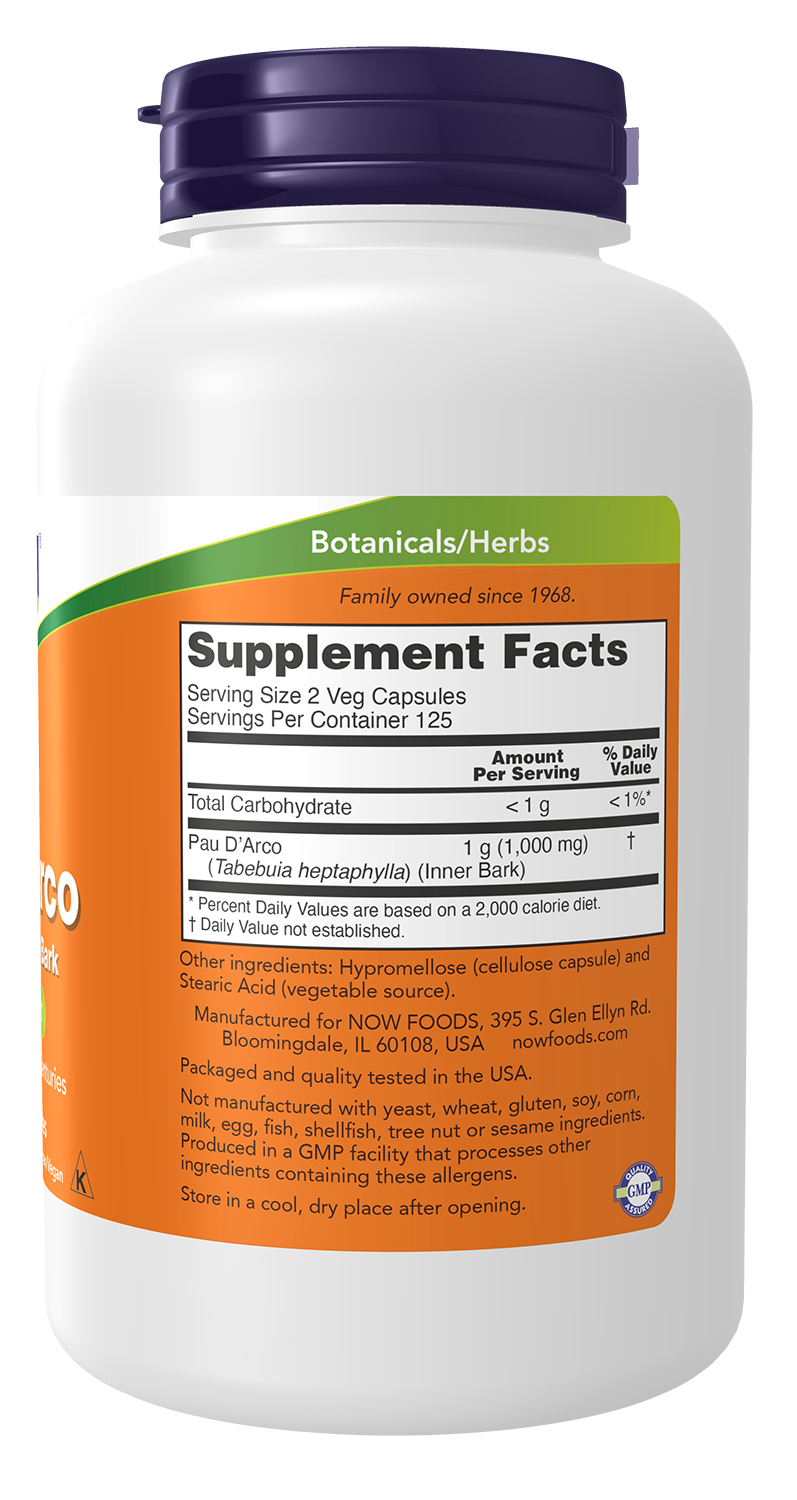 NOW Supplements, Pau D'Arco (Tabebuia heptaphylla) 500 mg, Herbal Support, 250 Veg Capsules