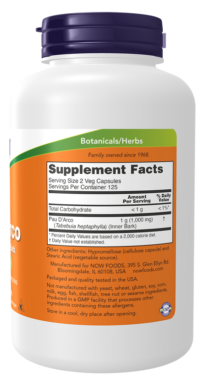 NOW Supplements, Pau D'Arco (Tabebuia heptaphylla) 500 mg, Herbal Support, 250 Veg Capsules