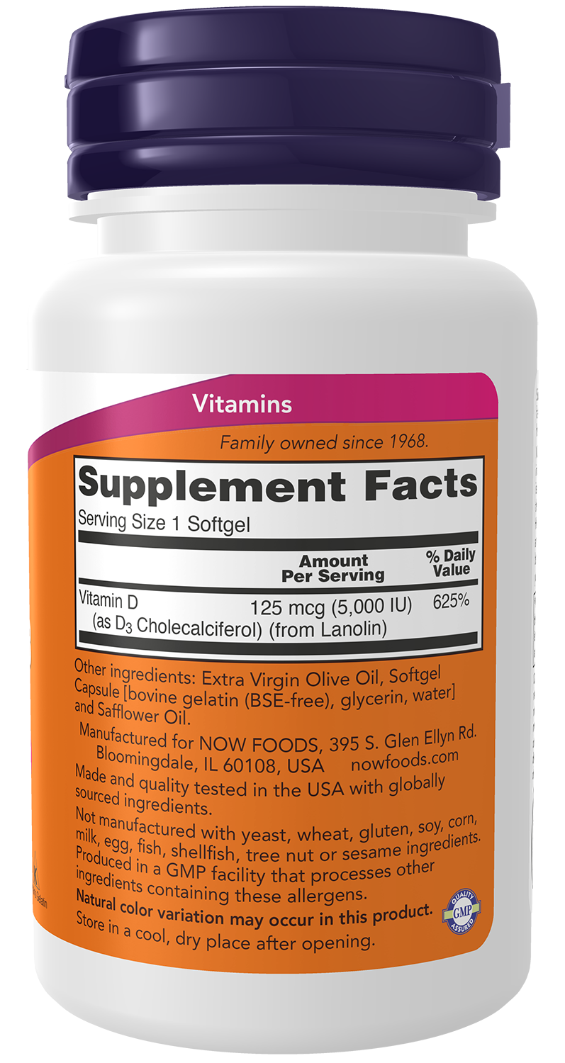 NOW Supplements, Vitamin D3 5,000 IU, Structural Support*, 30 Softgels