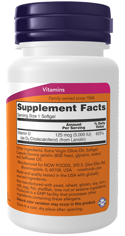 NOW Supplements, Vitamin D3 5,000 IU, Structural Support*, 30 Softgels