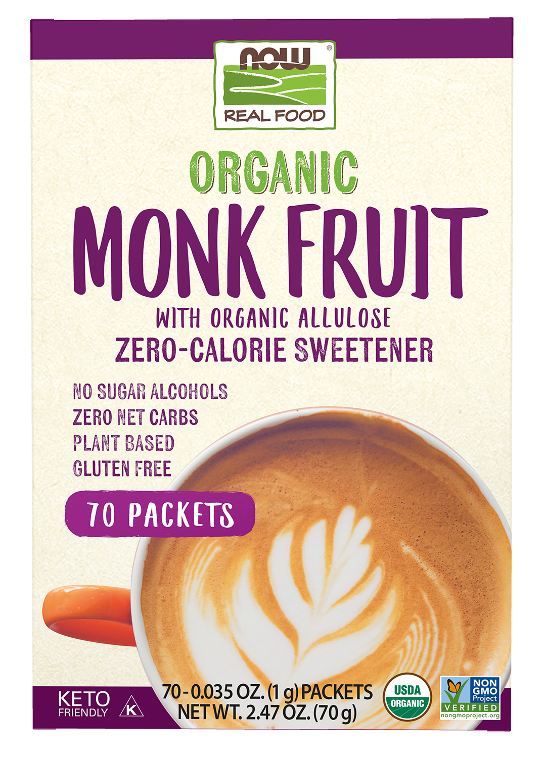 NOW Foods, Organic Monk Fruit, Zero-Calorie Sweetener, Non-GMO, 70 Packets