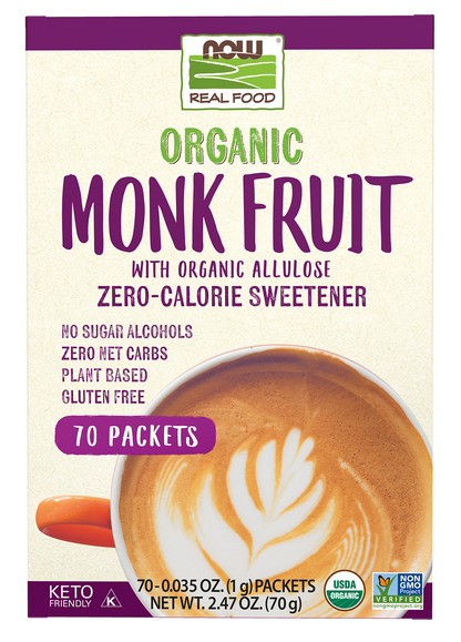 NOW Foods, Organic Monk Fruit, Zero-Calorie Sweetener, Non-GMO, 70 Packets