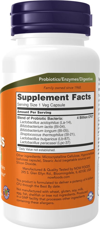 NOW Supplements, Acidophilus 4X6, 4 Billion,  6 Strains, 120 Veg Caps