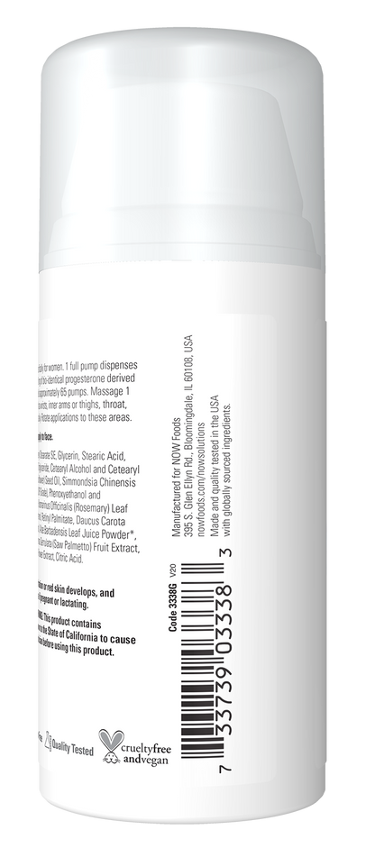 NOW Solutions, Progesterone, Balancing Skin Cream, 20 mg of Progesterone Per Pump, Unscented, 3-Ounce