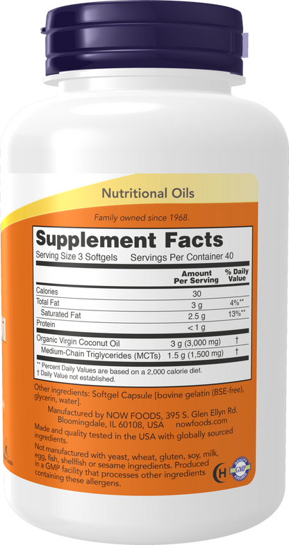 NOW Supplements, Virgin Coconut Oil 1000 mg, Cold Pressed, 120 Softgels