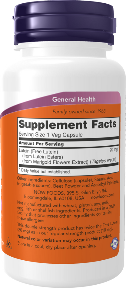 NOW Supplements, Lutein with 20 mg of Free Lutein, 90 Veg Caps