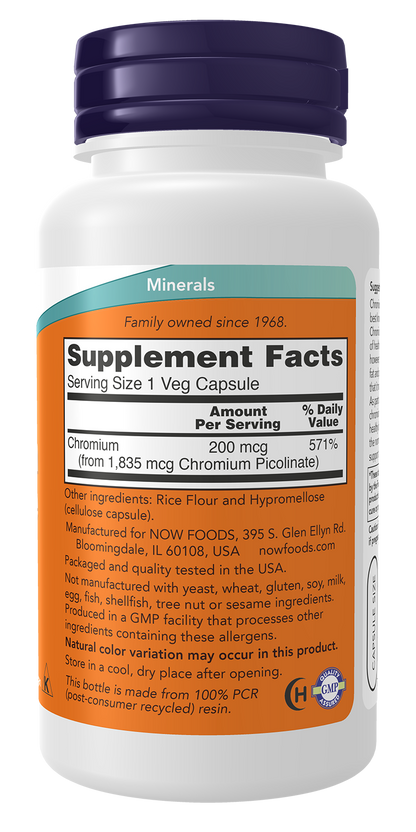 NOW Supplements, Chromium Picolinate 200 mcg, 100 Veg Caps