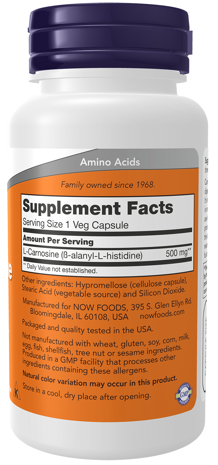 NOW Supplements, L-Carnosine 500 mg, Healthy Aging*, 50 Veg Caps