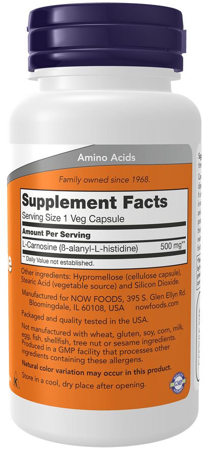 NOW Supplements, L-Carnosine 500 mg, Healthy Aging*, 50 Veg Caps
