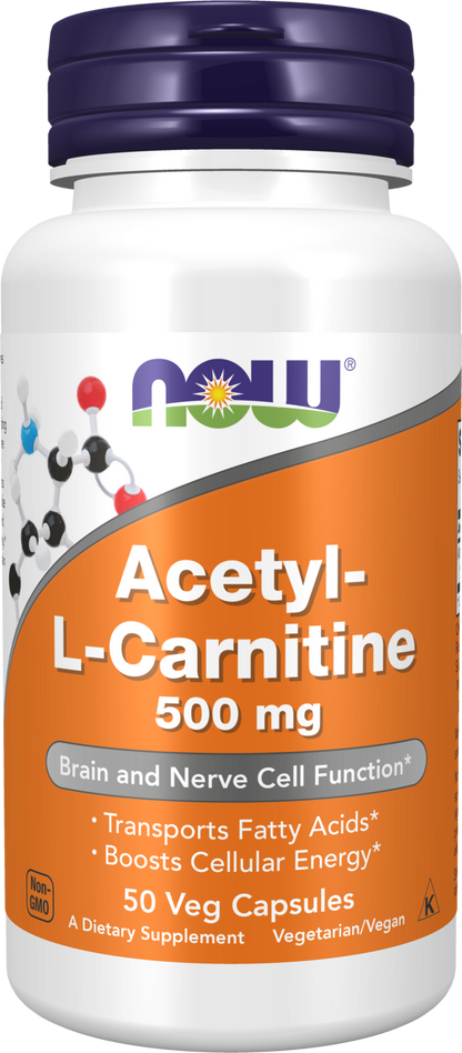 NOW Supplements, Acetyl-L Carnitine 500 mg, Brain Energy*, 50 Veg Caps