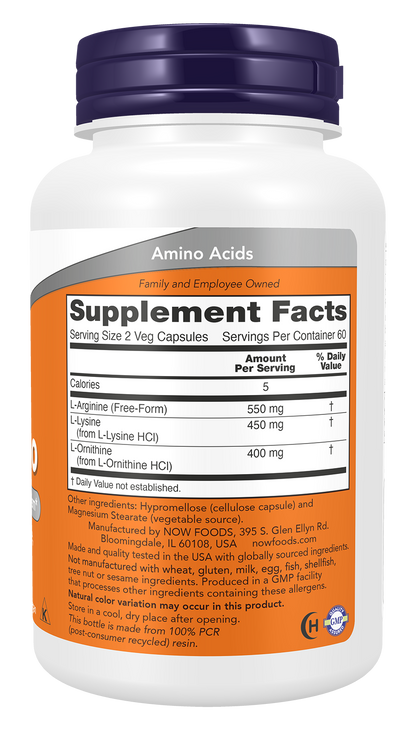 NOW Supplements, Tri-Amino with L-Arginine, L-Ornithine, L-Lysine, 120 Caps