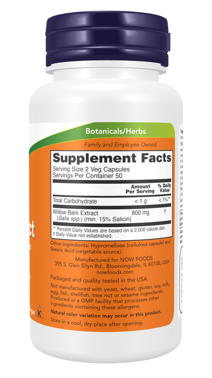 NOW Supplements, White Willow Bark 400 mg with 15% Salicin, 100 Veg Caps