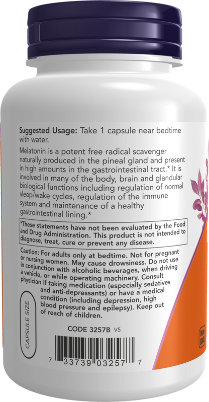 NOW Supplements, Melatonin 3 mg, Healthy Sleep Cycle*, 180 Veg Caps