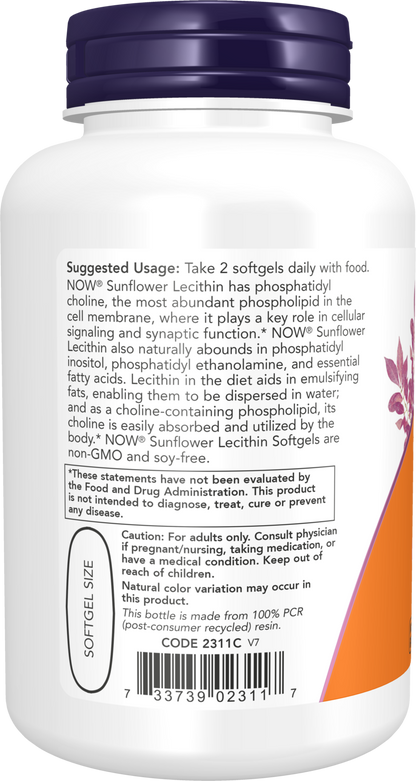 NOW Supplements, Sunflower Lecithin, Phosphatidyl Choline, 100 Softgels