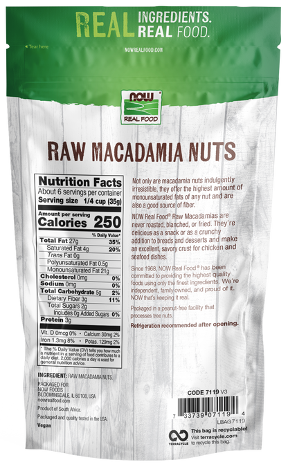 NOW Foods, Raw Macadamia Nuts, Unsalted, Good Source of Fiber, 8 oz