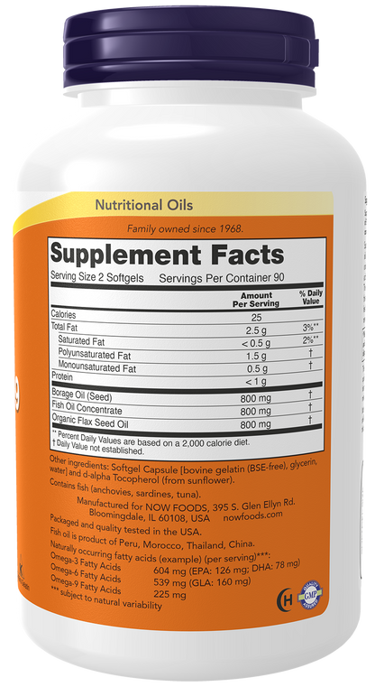 NOW Supplements, Super Omega 3-6-9 Oil Fish, Borage and Flax, 180 Softgels