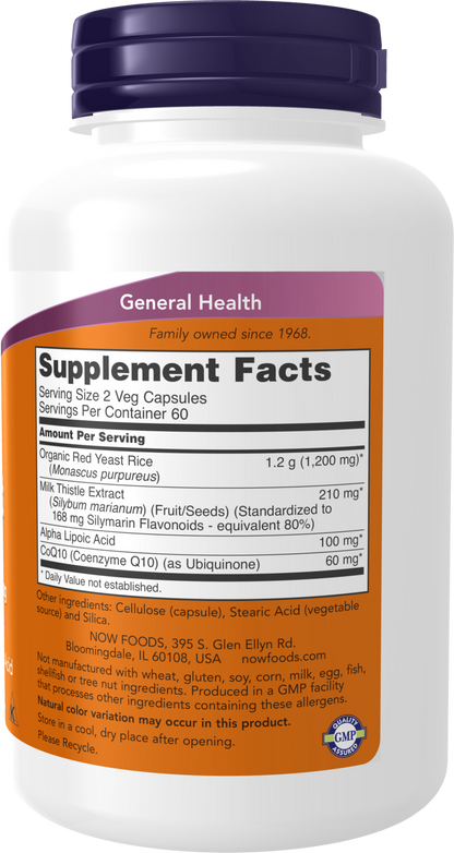 NOW Supplements, Red Yeast Rice with CoQ10, Milk Thistle, ALA, 120 Veg Caps