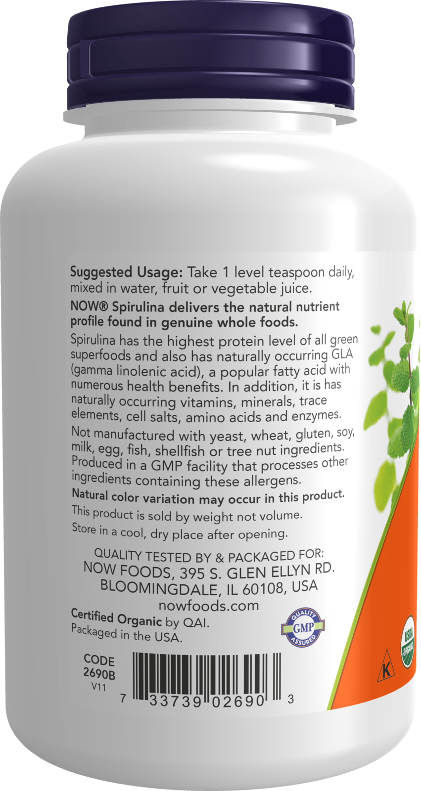 NOW Supplements, Certified Organic, Spirulina Powder, With Naturally Occurring Vitamins, Minerals and GLA, 4-Ounce