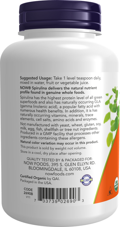 NOW Supplements, Certified Organic, Spirulina Powder, With Naturally Occurring Vitamins, Minerals and GLA, 4-Ounce