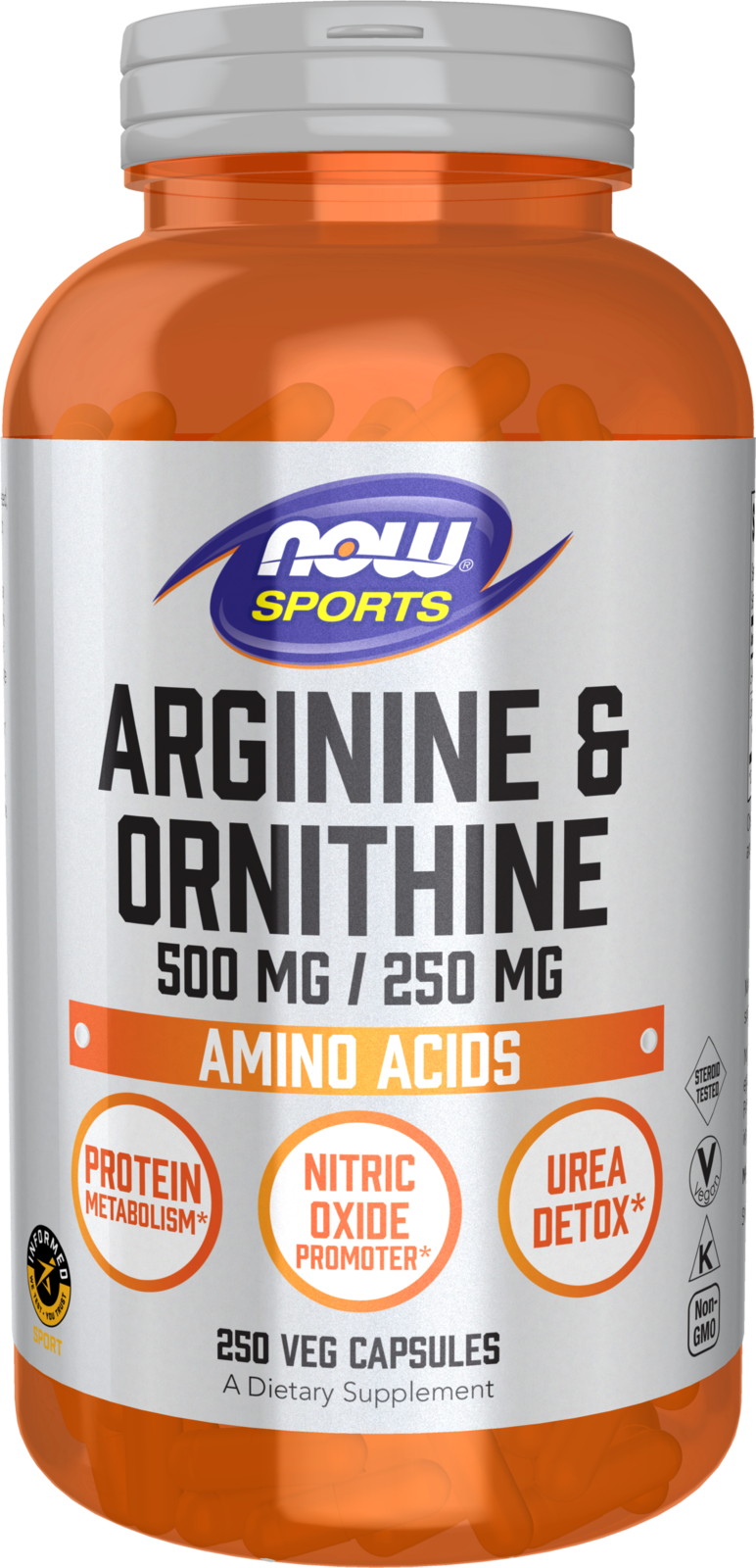 NOW Sports, Arginine & Ornithine 500/250 mg, Amino Acids, 250 Veg Caps
