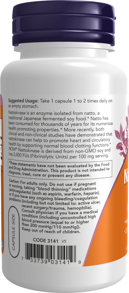 NOW Supplements, Nattokinase 100 mg (from Non-GMO Soy) with 2,000 FUs of Activity, 120 Veg Capsules